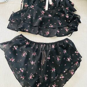 Victoria's Secret Black and Pink Floral Chemise set